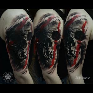Sick realistic black & grey large dark skull with red paint strokes tattoo#dreamtattoo #mydreamtattoo
