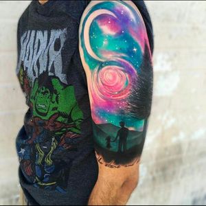 Totally awesome colourful night sky with quarter moon, tree, father & child silhouette 1/2 sleeve tattoo #dreamtattoo #mydreamtattoo