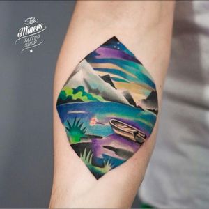 Awesome colourful landscape diamond, with mountains, lake & a boat tattoo