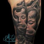 The most awesome black & grey hyper realistic snake & woman's face portrait/medusa tattoo #dreamtattoo #mydreamtattoo