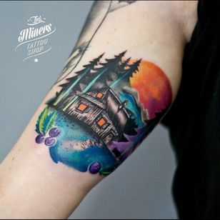Cool & colourful house in the woods, trees & sunset/sunrise tattoo #dreamtattoo #mydreamtattoo