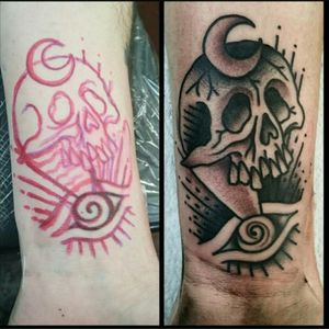 Cover up of old tattoo on my wrist by Rich Wells from Dock Street Tattoos, solid