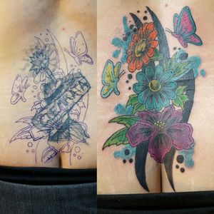 Cover up tattoo flowers and butterfly with a hint of tribal