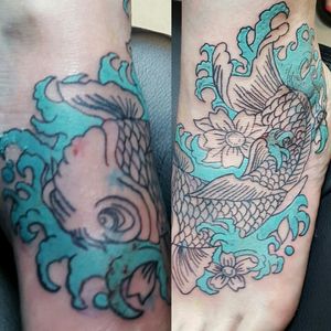 Koi foot tattoo in progress 1st session cover up action