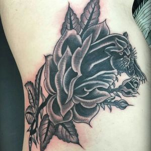 One shot panther and rose on my ribs by #LindseyCarmichael