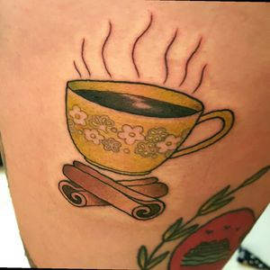 #pyrex #milkglass #mug #coffeecup #cinnamonsticks #cinnamon #vintage #vintagetattoo #foodtattoo #coffee #sideofthigh #hotcoffee