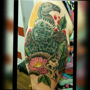 My vulture cover-up (covering a very old, poorly done and unsightly panther tattoo). By Dan Barren of Nevermore #coverup #vulture #ramskull #neotraditional #cactusflower