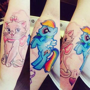 Aristocat and my little pony done by Antonio UK north Wales ynez ink tattoos