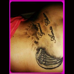 Memorial tattoo for grandad and auntie #memorial #tattoo #back #angel #wings #names #family #clouds #love.