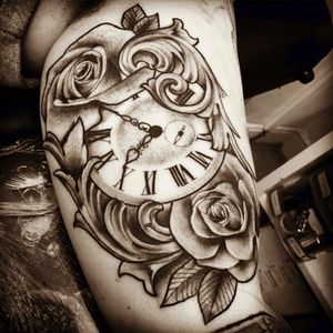 #blackandgrey #tattoodo #sleeve #clock #roses