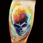 Creepy but colourful - gorgeous #color #bright #flames #skulltattoo