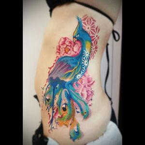 #peacock #oriental #watercolourtattoo #colour #asanoha #peony #watercoloursplash #fullcolor #tattoo #flowers