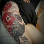 Added on some #flowers to this #raven I did a few months back @truebluetattoos #thightattoo #zupablack #dynamicblack #infinitypro #inkstagram #ink #morefollowersmonday #workinprogress #tattoos #tattoo #girlswithtattoos #neotraditional #crow #flowertattoo #red #filigree #bird #l4l #birdtattoo #cheyennetattooequipment #tattooartist #art #design #custom