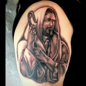 By our lovely guest Kai  For info or bookings pls contact us at art@royaltattoo.com or call us at + 45 49202770 #jesus #portrait #blackandgrey #shepherd