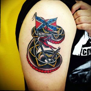 Old school Rattlesnake with Rebel Flag....don't tread on me.By: Gu Drigues, Legacy Tattoo Botucatu-SP, Brazil