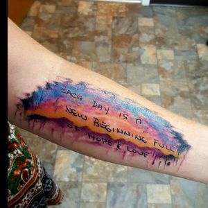 A family members hand writing in watercolor I did awhile back.  All freehand except for the writing of course. #family #watercolortattoo #brightcolor #scenery #abstracttattoo #tattoosforwomen #inkedladies #classy
