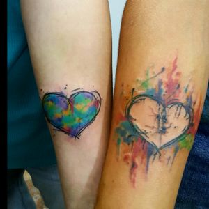 Some more epic #watercolortattoos in the shape of #hearts for a great couple. #sovereigntattoo #love #onelove