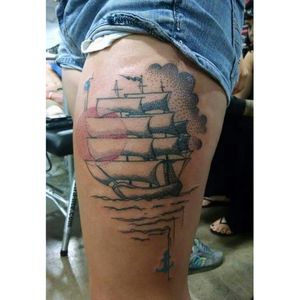Ship tattoo, inspired by lyrics from Amber by 311. Done by Aaron Is (competitor from season 5 Ink Master) at the Pacific Ink & Art Expo #piae2015 #thirdtattoo