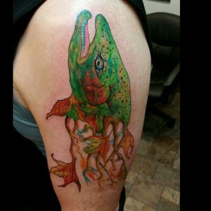 Crazy #morph #watercolor #fish #autumnleaves #tattoo for a badass guy. This was actually a decent size #coverup