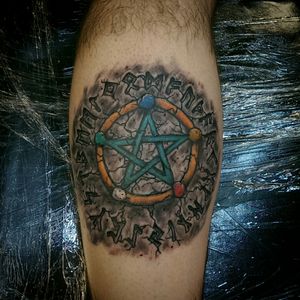 The #pentagram was there...looked like #crap! So we decided to added the #runes and make the whole piece look like #stone. Really dig how it turned out. #carved #3dtattoo #camscott #billingsmontanatattoostudio #besttattooshopsinbillingsmontana #fusionink #unionmachine #eikondevice #hydraneedles #neotat #customtattosbillingsmontana #sovereigntattoo #elements
