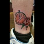 This is my third tattoo. The clock is for my grandpa who used to work on antique clocks and watches. The rose is for my grandma who loved red roses. The middle leaf with the ladybug is for my mom who loves ladybugs, and the other 2 leaves are for my uncles. #clock #rose
