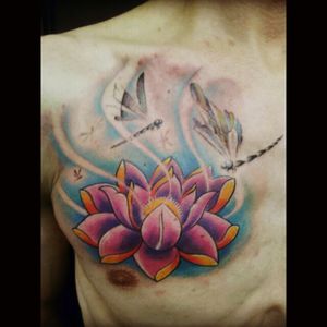 Lotus flower With dragonfly by Pedro Duno at Canibal tattoo studio Buenos Aires