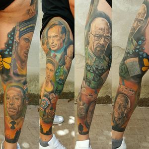 My leg Artist Andrea Deriu #breakingbad #saulgoodman #jessepinkman #legs #color #whalterwhite #amc #followme #colorfull #tattoo #tattoolife #tattoodo #films #film #movie @amijames