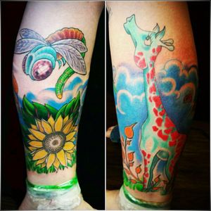 #DepictionTattoo #legsleeve #colorful #nature #giraffe #dragonfly #sunflower #clouds #fantasy