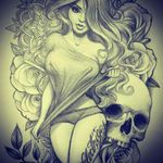 Super sexy pinup with a skull, flowers, and henna. #sexy #epic #epicness #awesome #pinup #pinuptattoo #skull #flower #rose #henna