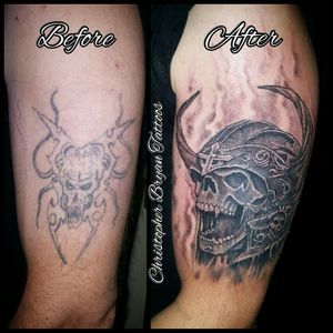 Cover up by Christopher Bryan,  #scull #viking #vikingscull #blackandgrey #coverup #arizona