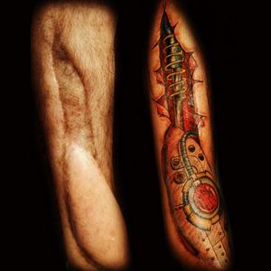 After an accident my leg was pretty disfigured.  I decide to get a bio mechanical tattoo to cover up the damage.
