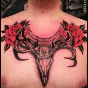 Chest piece i got jan 2015, stag skull and vintage roses #roses #stag