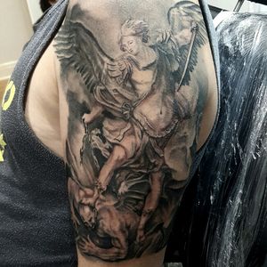 Saint Michael tattooed by Ben @ironbuddhatattoo