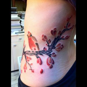 Robin bird in a plum blossom tree, tattoo by Phillip Spearman #robin #bird #plumblossom #cherryblossom