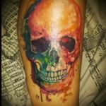 My new addition, to my skull collection #skull #skullcrazy #legtattoo #colourful #watercoloursplash #coloured #sideleg done by mel gothic realm, brisbane