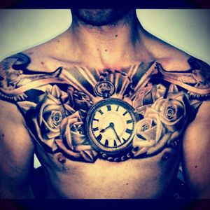 #chestpeice #tattoo #stopwatch #doves #roses #rose #mine #me #iwillbecovered #mytattoojourney