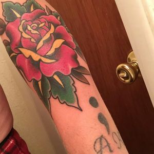 My first traditional rose and suicide awareness tattoo for an old buddy
