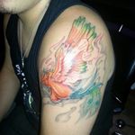My second tattoo. I decided to be a Phoenix cause at that moment I felt I was reborn again with a new perspective in life. New relationship that lead me marrying the most wonderful lady ever met, completing my bachellor and planing my future to move to the states. Through the process I needed to cut some bad people in my life that never compose nothing in me. I am happy with my little bird on fire. The artist was Hermit in Live Once Ink in Carolina, PR
