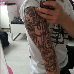 #firsttattoo #tattoo #sleeve #halfsleeve #harpy #japanese #neotraditional #leftarm #roses #demon #mask