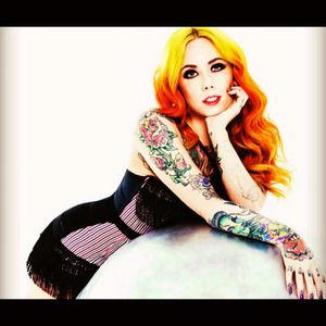 If I get a tattoo I want a tattoo by megan as a pin up doll of Ms.massacre herself just like this maybe near a car hood or on top of the moon as a tiny table or something she is just the type I would show as a pin up tattoo #megandreamtattoo