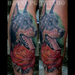 #tattoo #dreamtattoo #dogs #animals #doberman #colour #rose #besttattoos #Lightsout