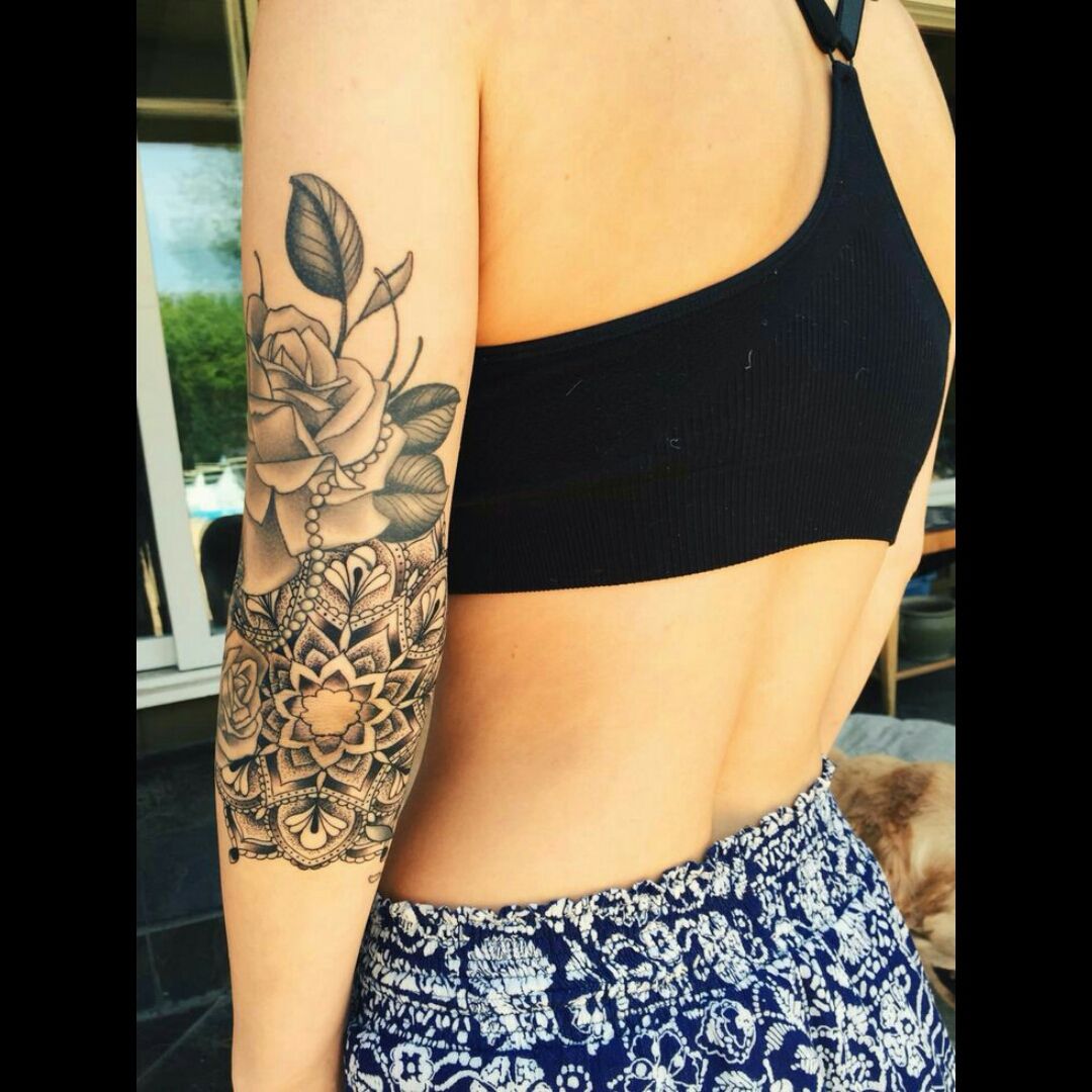 mandala female elbow tattoo blackandgrey flower floweroflife sleeve  female  Elbow tattoos Tattoos for women Tattoos