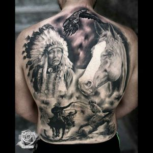 #blackandgrey #blackandgreytattoo #tattoo #besttattoos #horse #WildWest #cowboy #indian #Lightsout #nativeamerican #nativeindian  #