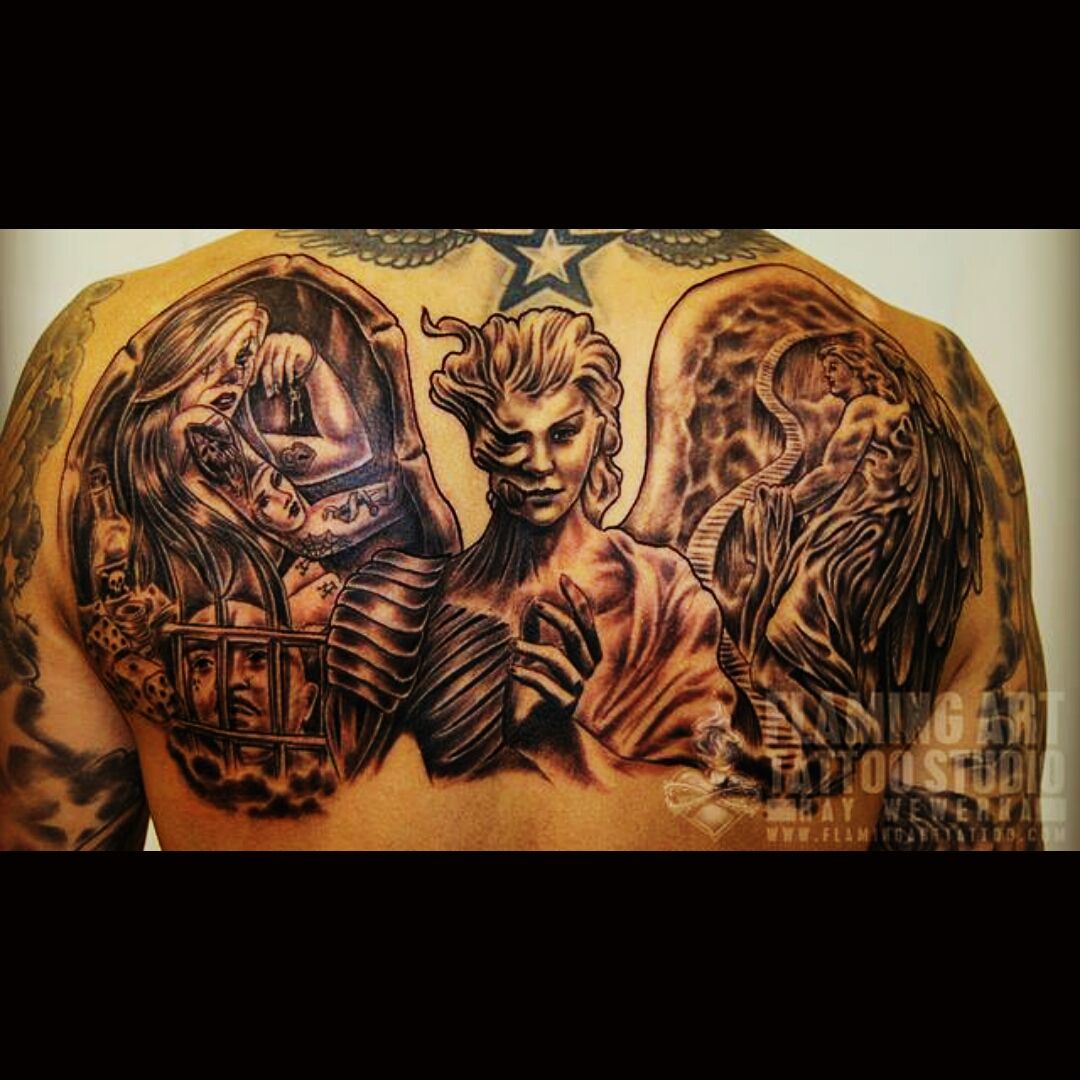 angels vs demons tattoo half sleeve
