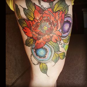 Right thigh piece done by Katie McGowan of Black Cobra in Sherwood, AR.