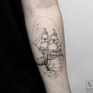 Impressive sailor dotwork tattoo by Marla Moon #marlamoon #dotwork #sailor #ship #whale