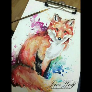 I love the colors at play here. Maybe more realism in the fox itself and some watercolor splashes in the background?#megandreamtattoo