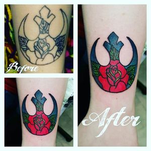 I had to get this tattoo redone. Looked terrible but a wonderful women named val at A&J inkwerk fixed it the best she could and it came out pretty good I think :) #starwars #rose #a&jinkwerk