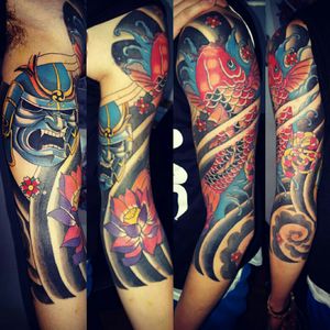 I did this tattoo 1 year ago .. only the mask is fresh ,the rest is healed #japanesetattoo #koytattoo #mask #lotus #tattoo