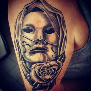 I did this on my father's arm ..#blackandgrey #rose #woman #tattoo #TattooGirl  #mask